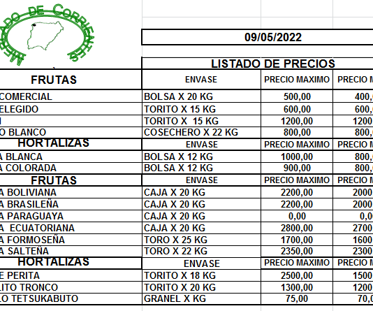 MERCADO DE CORRIENTES: Precios de FRUTAS y HORTALIZAS.