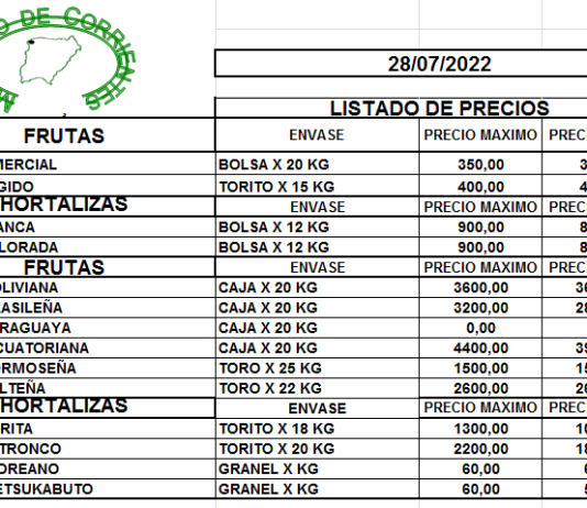 MERCADO DE CORRIENTES: Precios de FRUTAS y HORTALIZAS – 28/7/2022