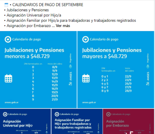 SETIEMBRE: CALENDARIO DE PAGOS.