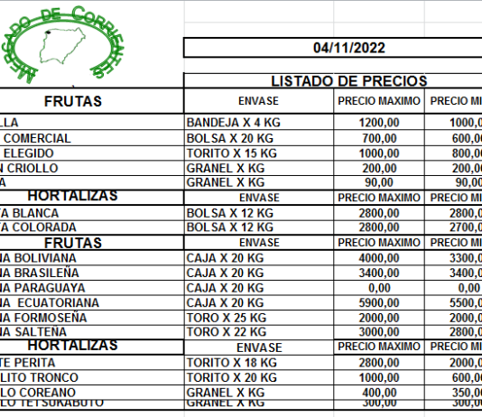MERCADO DE CORRIENTES: Precios de FRUTAS y HORTALIZAS – 04/11/2022