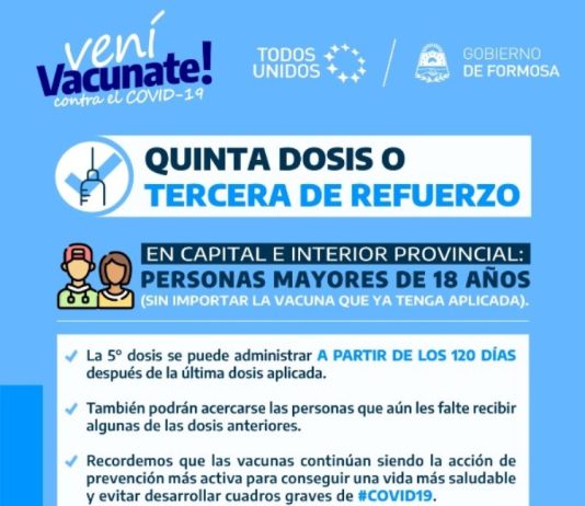 Instan a la población mayor de 18 años a aplicarse la 5ta dosis contra el COVID