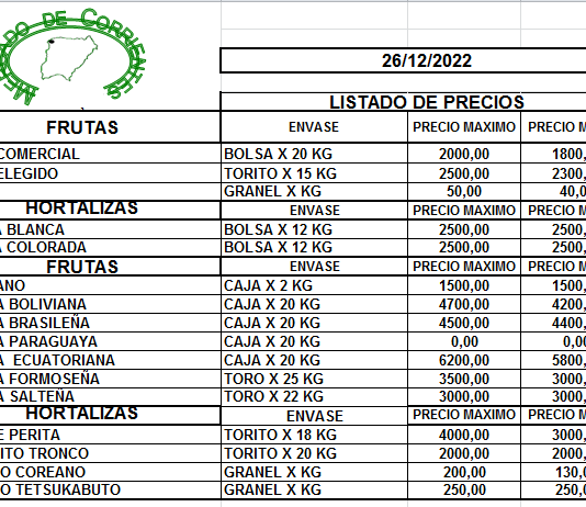 MERCADO DE CORRIENTES: Precios de FRUTAS y HORTALIZAS – 26/12/2022