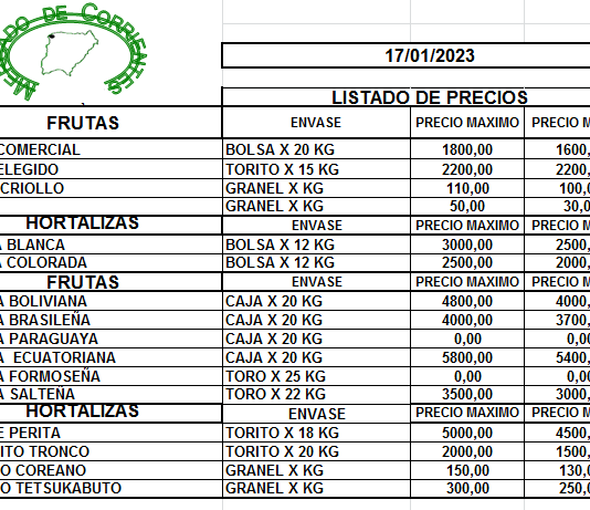 MERCADO DE CORRIENTES: Precios de FRUTAS y HORTALIZAS – 17/1/2023