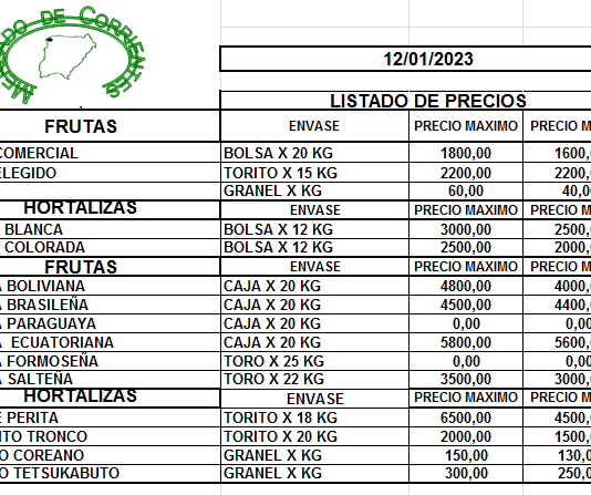 MERCADO DE CORRIENTES: Precios de FRUTAS y HORTALIZAS – 12/1/2023