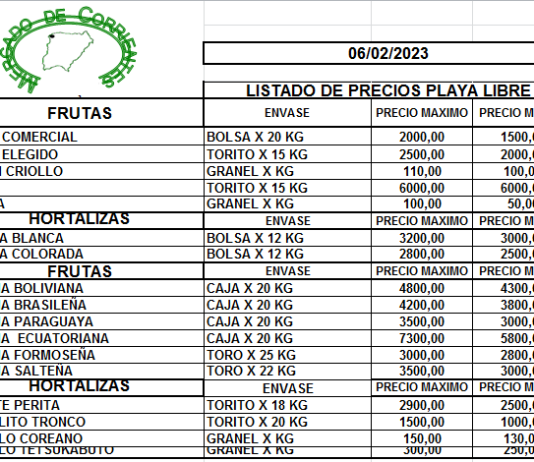 MERCADO DE CORRIENTES: Precios de FRUTAS y HORTALIZAS – 09/2/2023