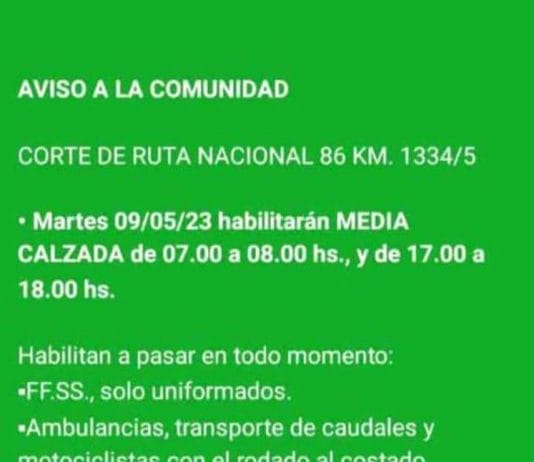 LA PRIMAVERA: Levantamientos temporarios en el corte de la RN86 para este martes 9.