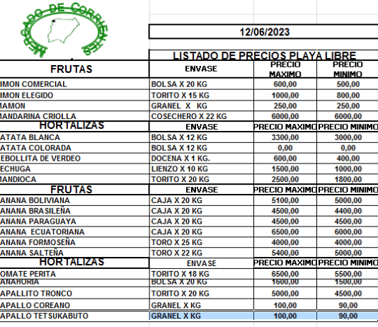 MERCADO DE CORRIENTES: Precios de FRUTAS y HORTALIZAS – 12/6/2023
