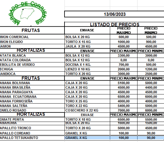MERCADO DE CORRIENTES: Precios de FRUTAS y HORTALIZAS – 13/6/2023
