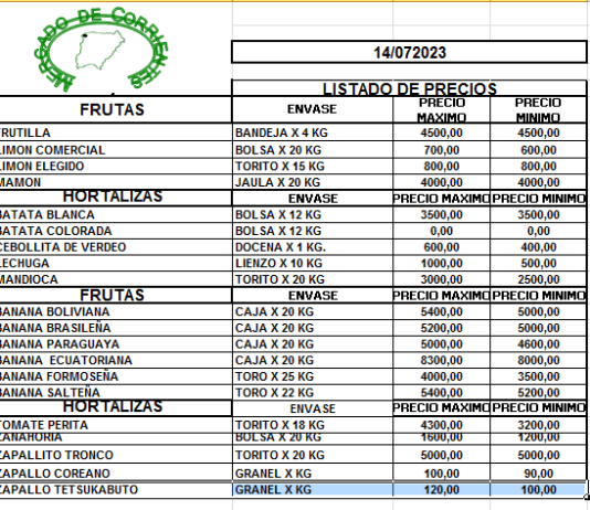 MERCADO DE CORRIENTES: Precios de FRUTAS y HORTALIZAS – 14/7/2023