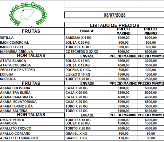 MERCADO DE CORRIENTES: Precios de FRUTAS y HORTALIZAS – 03/7/2023