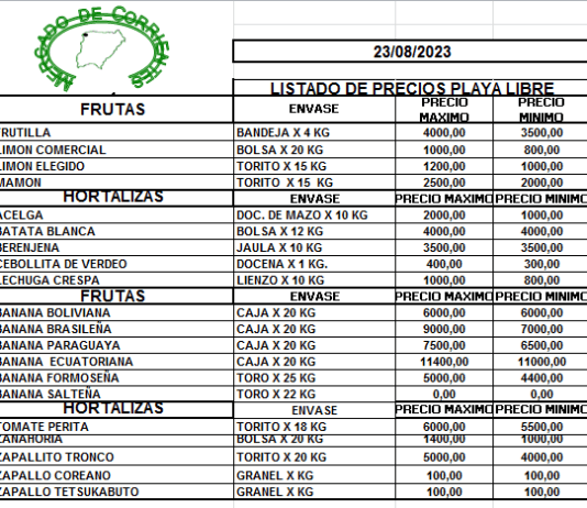 MERCADO DE CORRIENTES: Precios de FRUTAS y HORTALIZAS – 23/8/2023