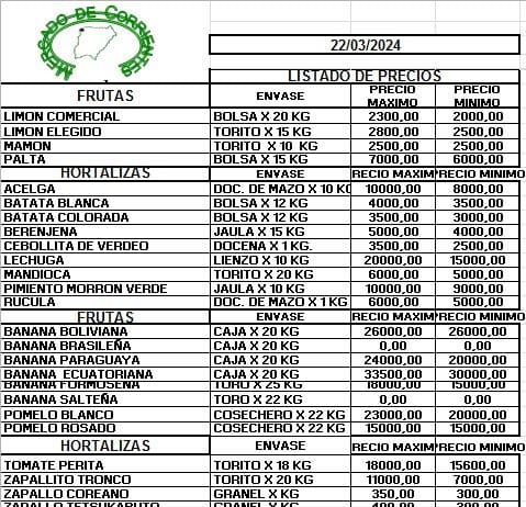 MERCADO DE CORRIENES: Precios de FRUTAS y HORTALIZAS – 22/3/2024
