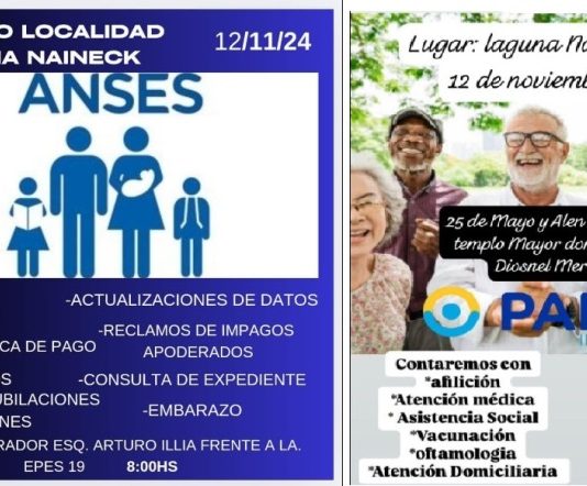 LAGUNA NAINECK: ANSES y PAMI realizarán operativos de atención el martes