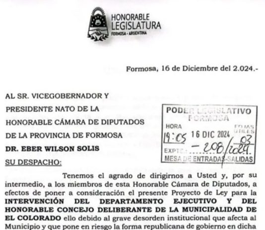 Nuevo País y LTP piden la intervención de El Colorado y Tres Lagunas