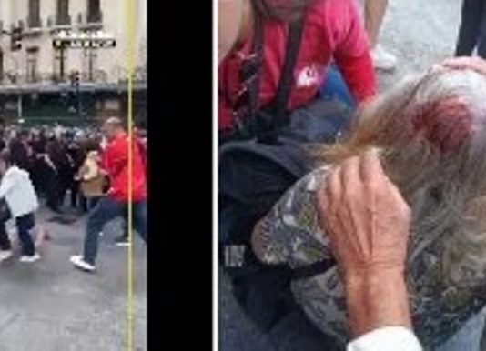 Video: jubilada de 87 años le dio un bastonazo a un policía que reaccionó y provocó su caída