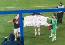 Los jugadores de Tigre mostraron una bandera de Malvinas idéntica a la de la selección argentina en el Mundial